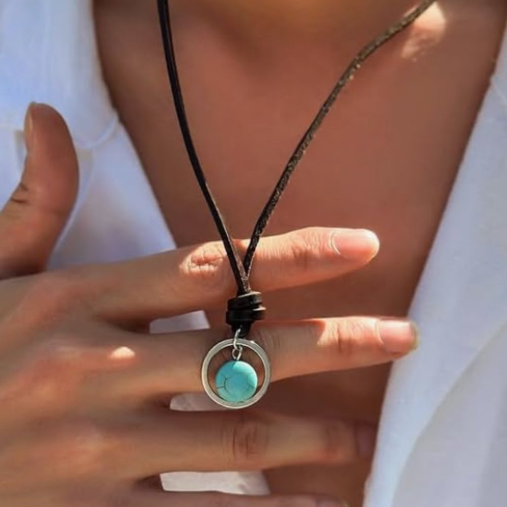 Boho Vintage Turquoise Pendant Choker, Bohemian, Leather Necklace